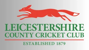 Leicestershire County Cricket Club logo featuring a red running fox and green text stating "Established 1879" on a gradient background.
