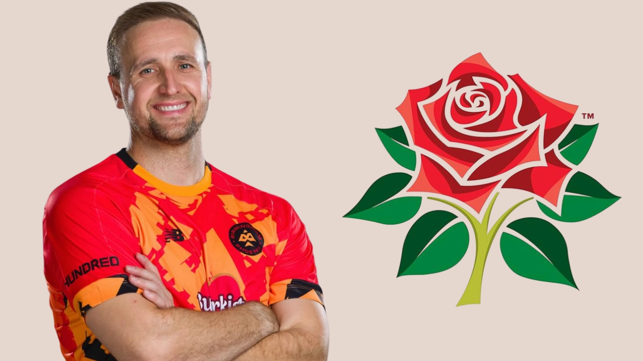 Liam Livingstone in Birmingham Phoenix kit posing next to the Lancashire Cricket Club red rose logo in 2025