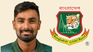 Litton Das smiling in Bangladesh cricket jersey next to the Bangladesh Cricket Board (BCB) logo featuring a tiger