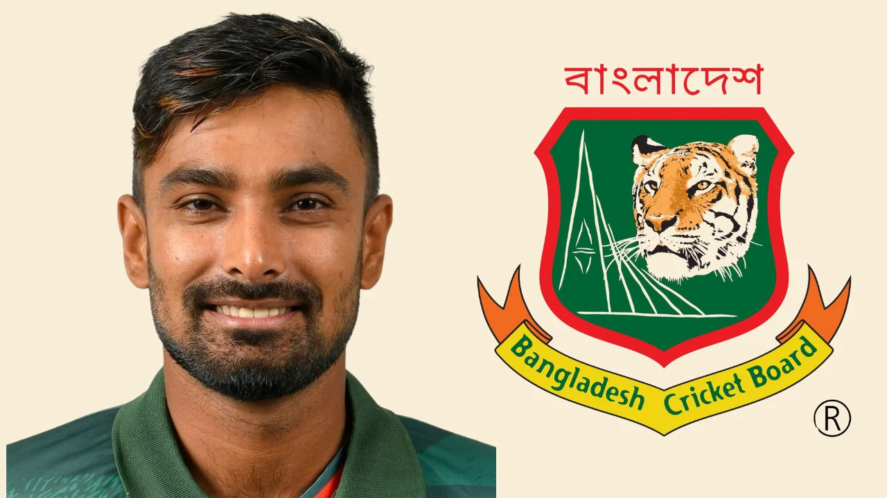 Litton Das smiling in Bangladesh cricket jersey next to the Bangladesh Cricket Board (BCB) logo featuring a tiger