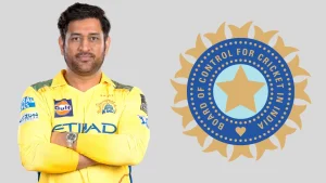MS Dhoni in Chennai Super Kings jersey posing with BCCI logo in the background