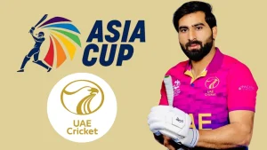 UAE cricketer Muhammad Waseem in team jersey with Asia Cup and UAE Cricket logos in the background