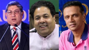 N. Srinivasan, Rajeev Shukla, and Rahul Dravid featured together in a collage related to Indian cricket leadership and management