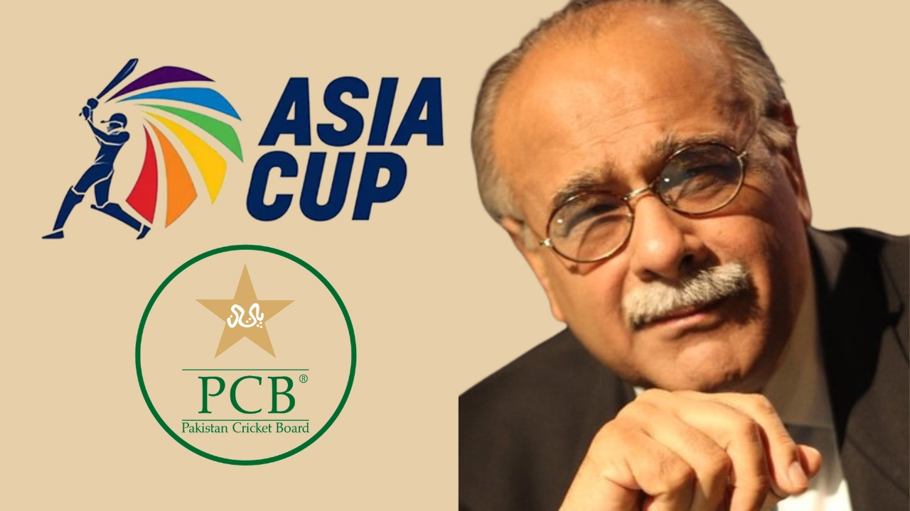 Najam Sethi with Pakistan Cricket Board (PCB) and Asia Cup 2025 logos in the background.