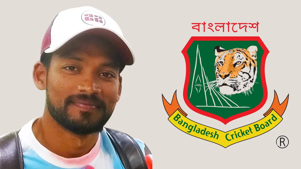 Najmul Hossain Shanto wearing a cap and backpack next to the Bangladesh Cricket Board (BCB) logo featuring a tiger