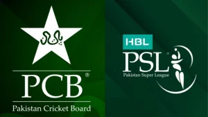 Official logos of the Pakistan Cricket Board (PCB) and HBL Pakistan Super League (PSL) on a dark green background.