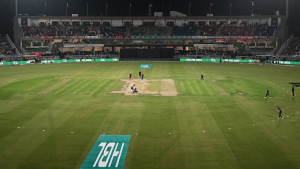 Night view of a Pakistan Super League 2025 cricket match in progress at Rawalpindi Cricket Stadium
