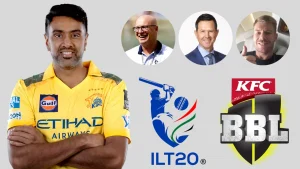Ravichandran Ashwin alongside ILT20 and BBL logos with cricket personalities David White, Ricky Ponting, and David Warner, highlighting commentary and league involvement.