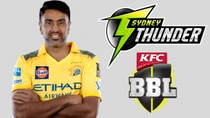 Ravichandran Ashwin in Chennai Super Kings jersey with Sydney Thunder and KFC BBL logos on a grey background.