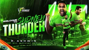 Indian cricketer Ravichandran Ashwin joins Sydney Thunder in the Big Bash League, with team logo and stadium fireworks in the background
