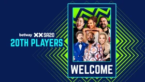 Promotional graphic for the SA20 20th Players campaign featuring a group of entertainers and influencers with the text “Welcome” and “Betway SA20 20th Players.”