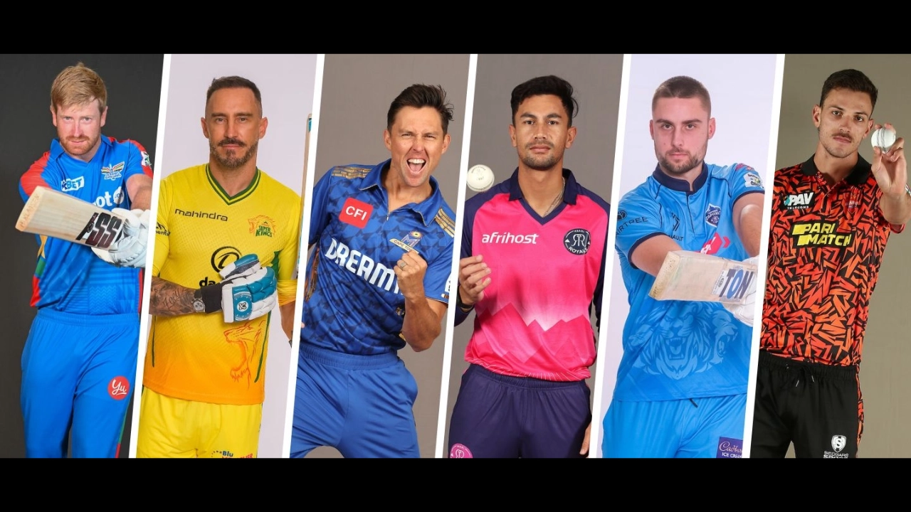 SA20 League 2025 players from different teams posing in official team jerseys, featuring batsmen and bowlers.
