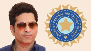 Sachin Tendulkar wearing sunglasses next to the BCCI logo, symbolizing his legacy in Indian cricket.