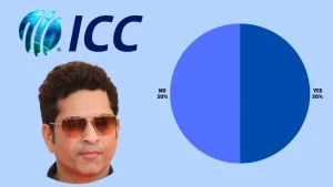 Sachin Tendulkar with ICC logo and a 50-50 pie chart poll result showing equal Yes and No votes, illustrating a divided opinion.