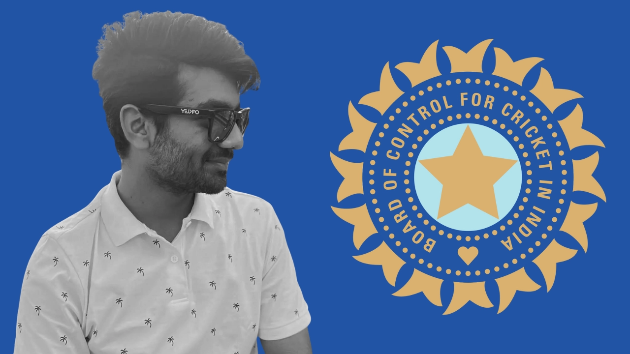 Saurabh Nawale in sunglasses with the Board of Control for Cricket in India (BCCI) logo on a blue background