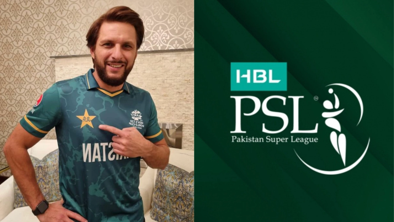 Shahid Afridi pointing to Pakistan jersey with PSL (Pakistan Super League) logo displayed beside him