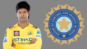 Indian cricketer Shivam Dube in Chennai Super Kings jersey with BCCI logo in the background