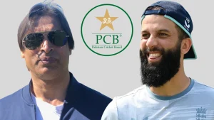 Shoaib Akhtar and Moeen Ali pictured with the Pakistan Cricket Board (PCB) logo in the background, symbolizing a cricket-related discussion or collaboration.