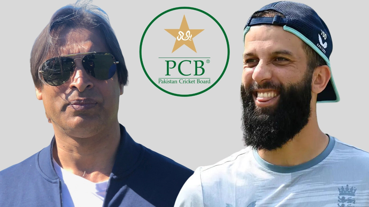 Shoaib Akhtar and Moeen Ali pictured with the Pakistan Cricket Board (PCB) logo in the background, symbolizing a cricket-related discussion or collaboration.