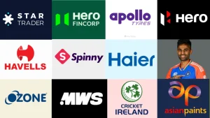Collage of sponsor logos including Hero, Haier, Apollo Tyres, Asian Paints, and others alongside Indian cricketer Suryakumar Yadav.