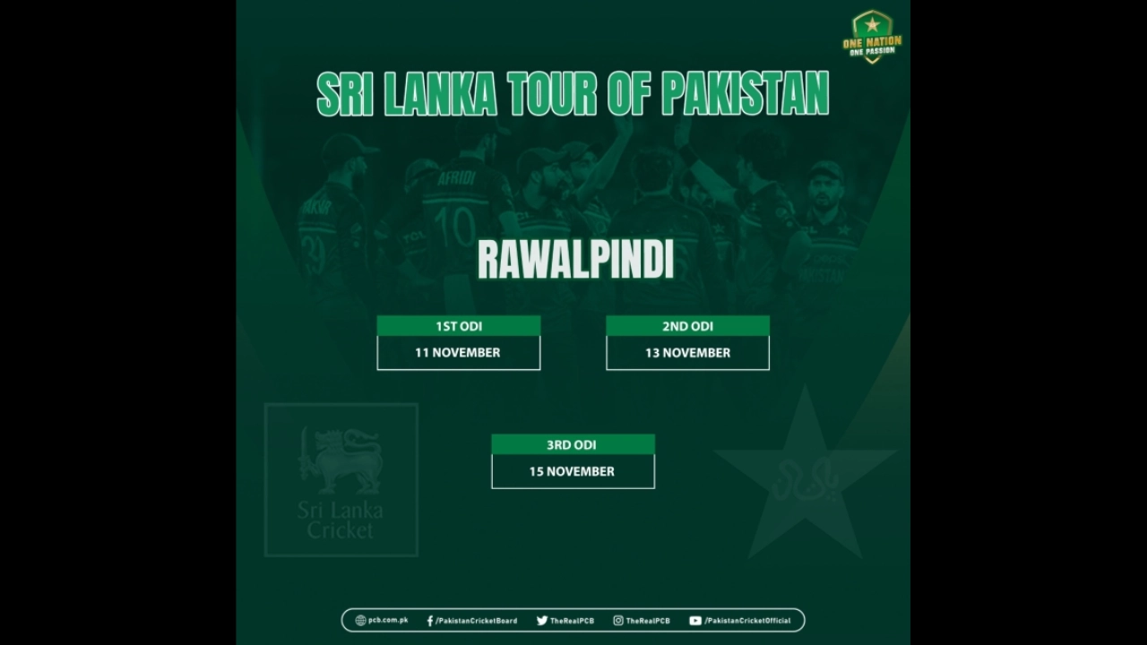 Sri Lanka vs Pakistan ODI series 2025 schedule in Rawalpindi showing match dates on 11, 13, and 15 November