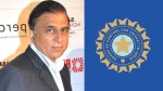Sunil Gavaskar in formal attire next to the Board of Control for Cricket in India (BCCI) logo on blue background
