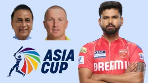 Sunil Gavaskar, Shreyas Iyer, and Brad Haddin featured alongside the Asia Cup logo on a light blue background.