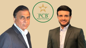 Sunil Gavaskar and Sourav Ganguly in formal attire with Pakistan Cricket Board (PCB) logo in the background