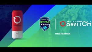 Switch energy drink promotional banner announcing title partnership with SA20 Schools cricket tournament.