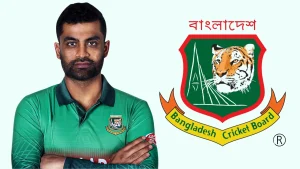 Tamim Iqbal posing in the Bangladesh cricket team jersey beside the official Bangladesh Cricket Board (BCB) logo.