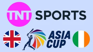 TNT Sports logo with Asia Cup 2025 branding and the flags of the UK and Ireland, highlighting broadcasting rights for the tournament in those regions.