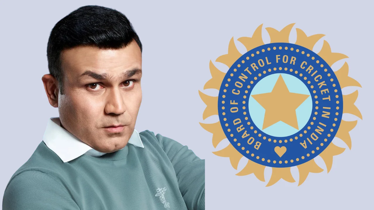 Virender Sehwag posing in casual attire next to the BCCI (Board of Control for Cricket in India) logo