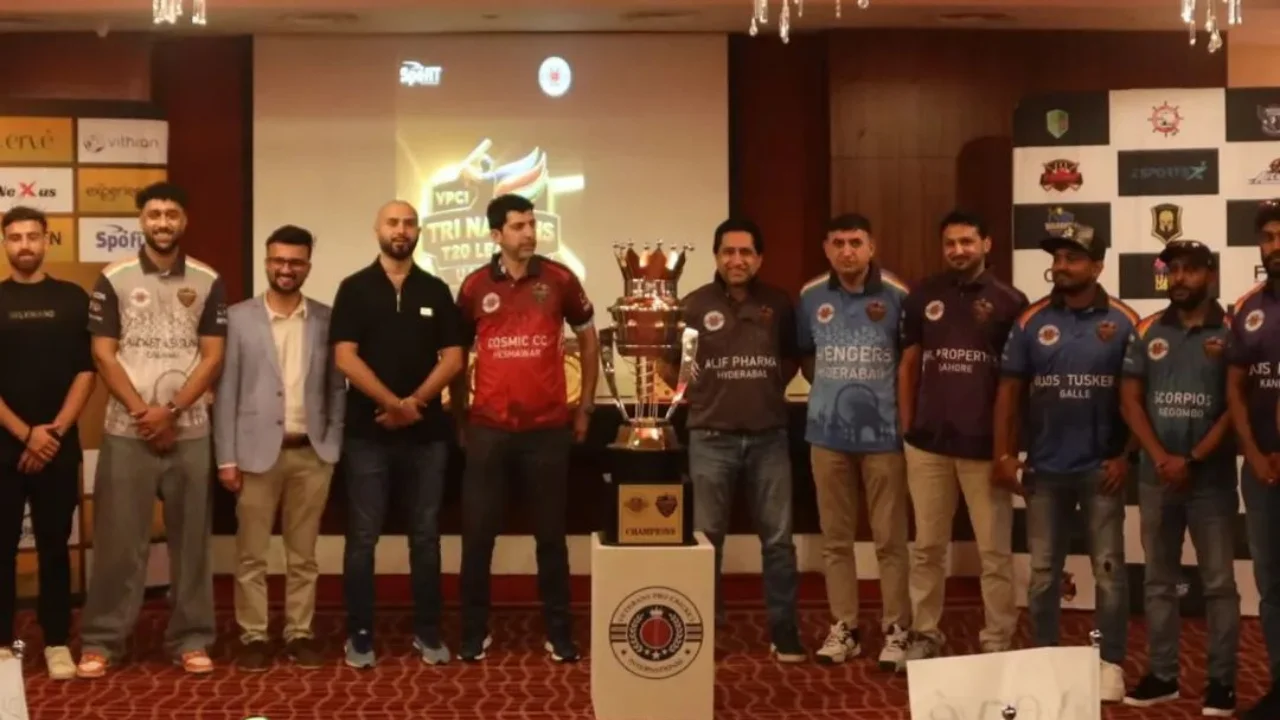 Veterans Pro Cricket International Tri Nations T20 League launch event with team representatives posing beside the championship trophy