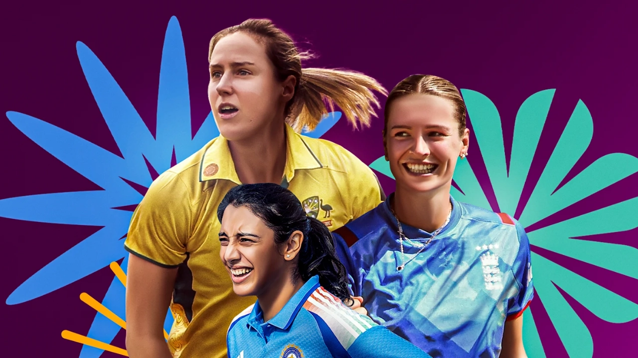 Female cricket players from India, Australia, and England smiling and posing against a colorful background, symbolizing international women's cricket.