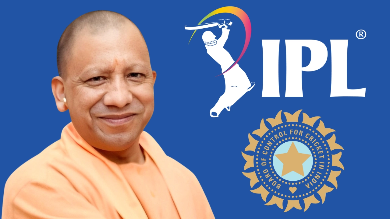 Yogi Adityanath smiling with IPL and BCCI logos in the background on a blue backdrop