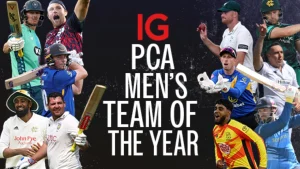 Collage of cricketers featured in the PCA Men's Team of the Year 2025 with IG branding