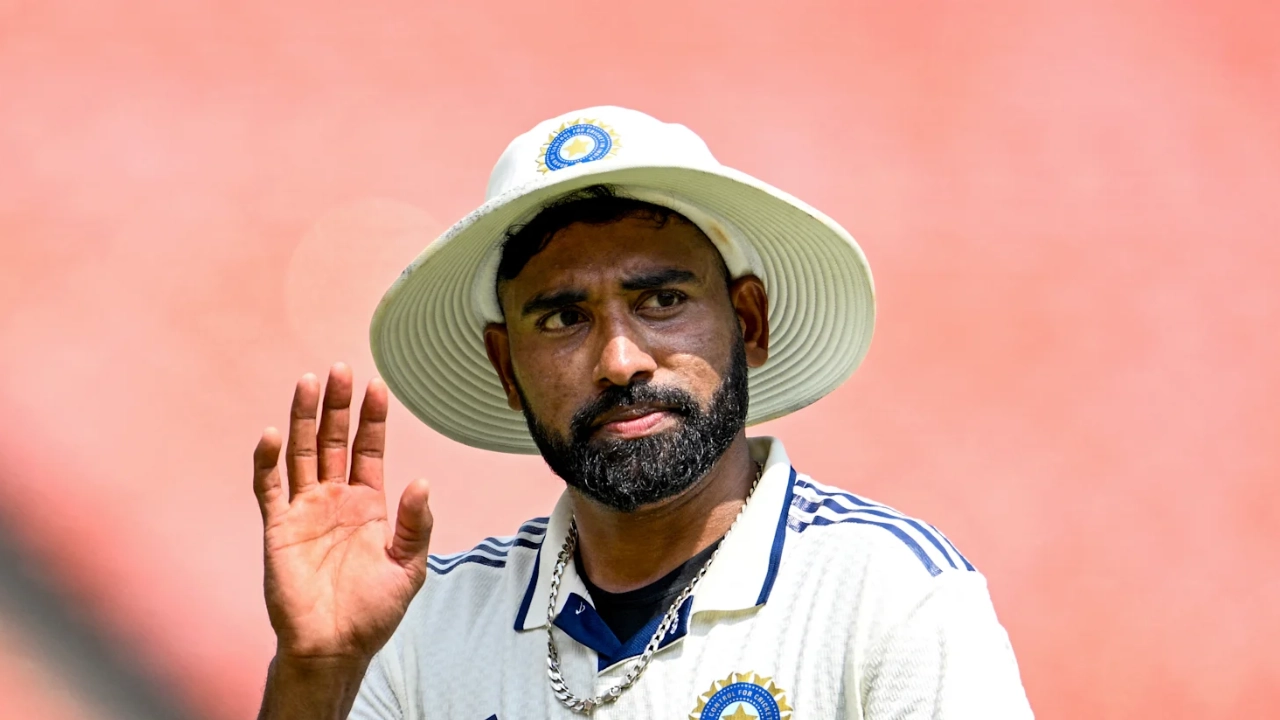 Mohammed Siraj in Indian Test cricket jersey wearing a wide-brim hat during a match