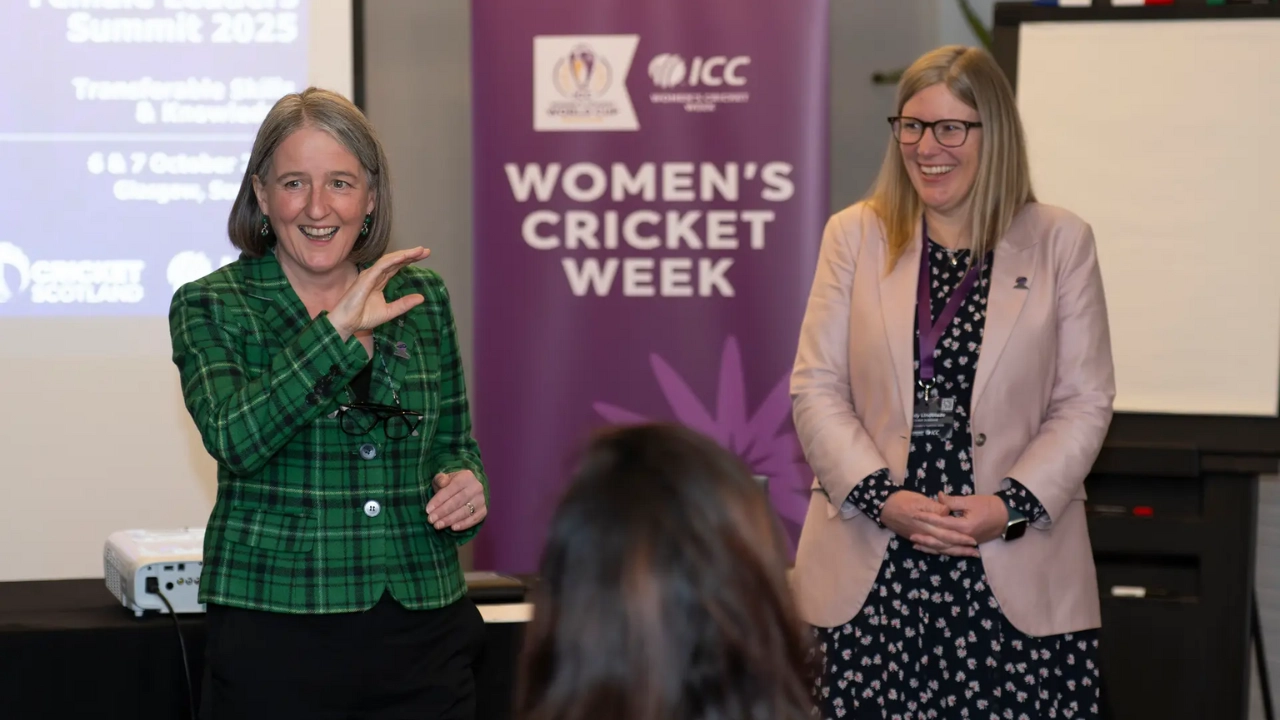 Trudy Lindblade and Maree Todd speak during ICC Women's Cricket Week 2025 event in Scotland