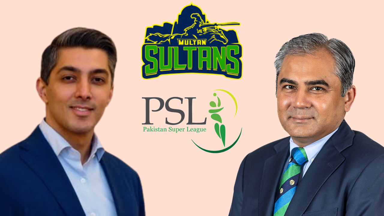 Ali Khan Tareen and Mohsin Naqvi with Pakistan Super League and Multan Sultans logos on a light background
