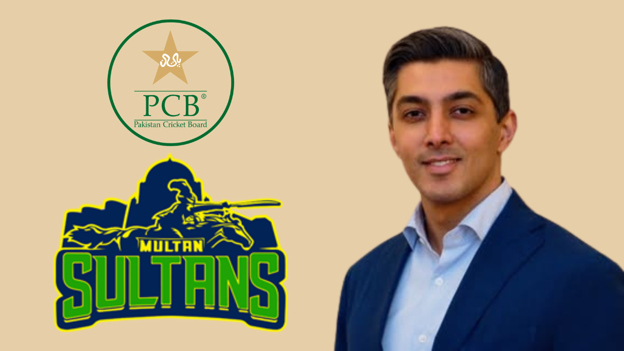 Ali Khan Tareen pictured alongside the Pakistan Cricket Board (PCB) logo and Multan Sultans logo, representing his role as team owner in the Pakistan Super League (PSL).