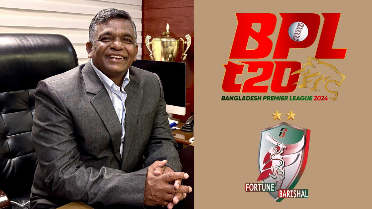Amin Ul Islam seated at his desk with a trophy in the background, alongside BPL T20 2024 and Fortune Barishal team logos.