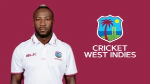 Andre Russell in West Indies cricket jersey next to the Cricket West Indies logo on a maroon background