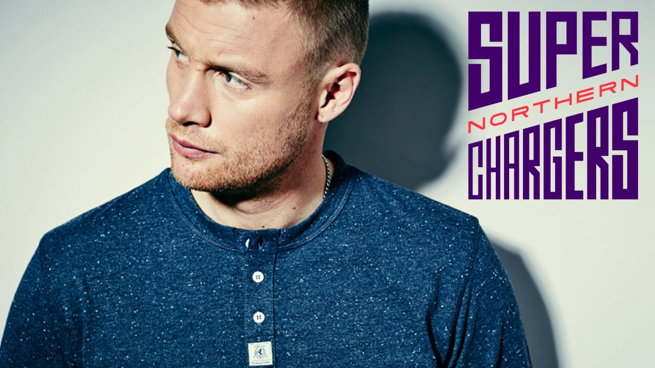 Andrew Flintoff next to the Northern Superchargers team logo
