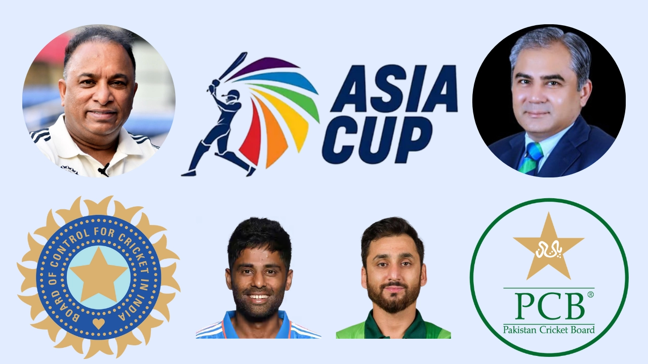 Asia Cup 2025 graphic featuring BCCI and PCB logos, Surya Kumar Yadav, Salman Ali Agha, Devajit Saikia, and Mohsin Naqvi.