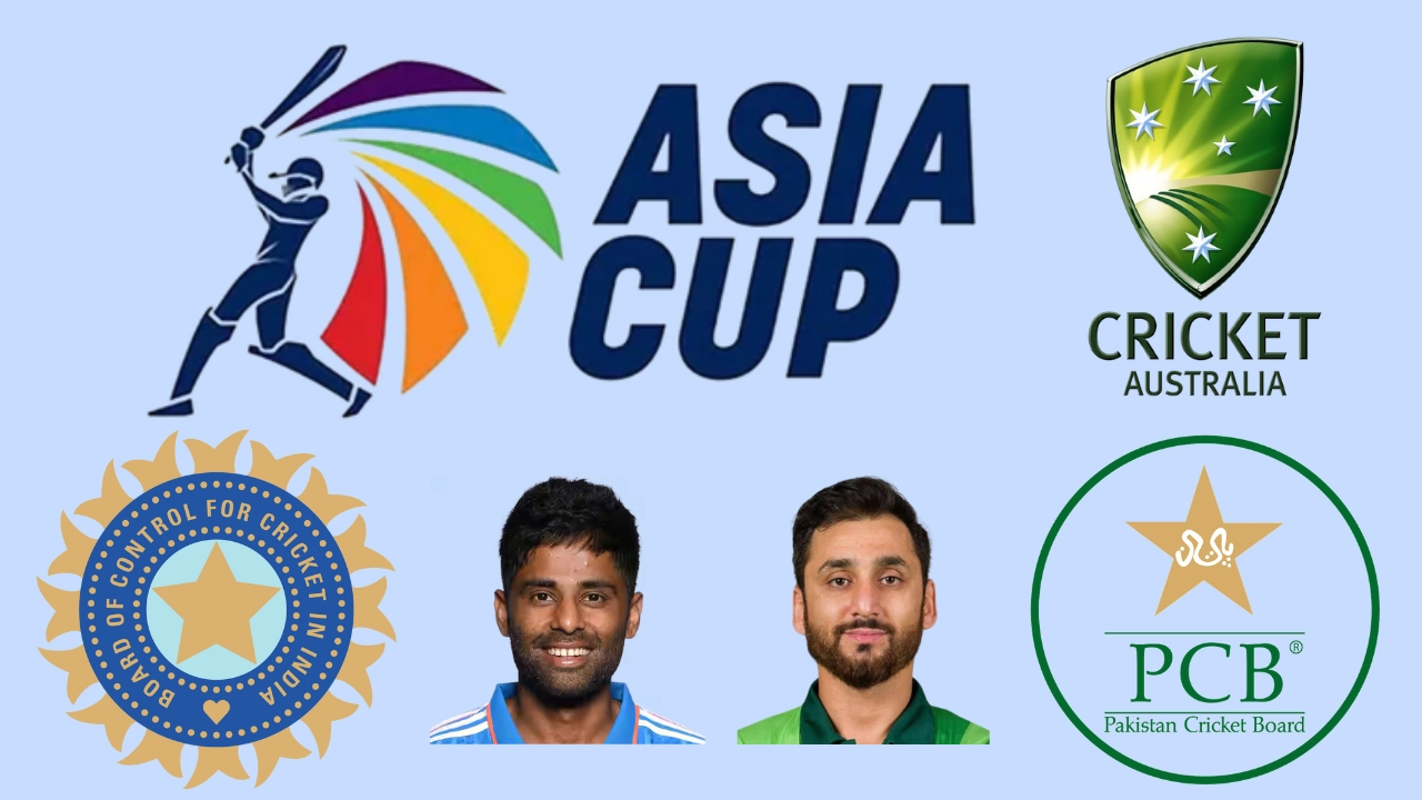 Asia Cup 2025 graphic featuring Surya Kumar Yadav, Salman Ali Agha, and logos of BCCI, PCB, and Cricket Australia