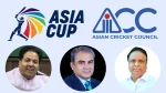 Asia Cup and Asian Cricket Council (ACC) logos with key cricket administrators Rajeev Shukla, Mohsin Naqvi, and Ashish Shelar featured below.