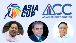 Asia Cup and Asian Cricket Council (ACC) logos with key cricket administrators Rajeev Shukla, Mohsin Naqvi, and Ashish Shelar featured below.