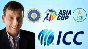 Logos of the ICC, Asia Cup, BCCI, and PCB alongside a portrait of Michael Atherton on a light blue background.