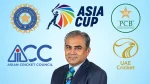 Mohsin Naqvi pictured with Asia Cup, UAE Cricket, Asian Cricket Council (ACC), BCCI, and PCB logos on a blue background.