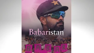 Close-up of Pakistan cricket captain Babar Azam wearing sunglasses and cap, with passionate fans holding "BABAR" signs in the Babaristan support zone.